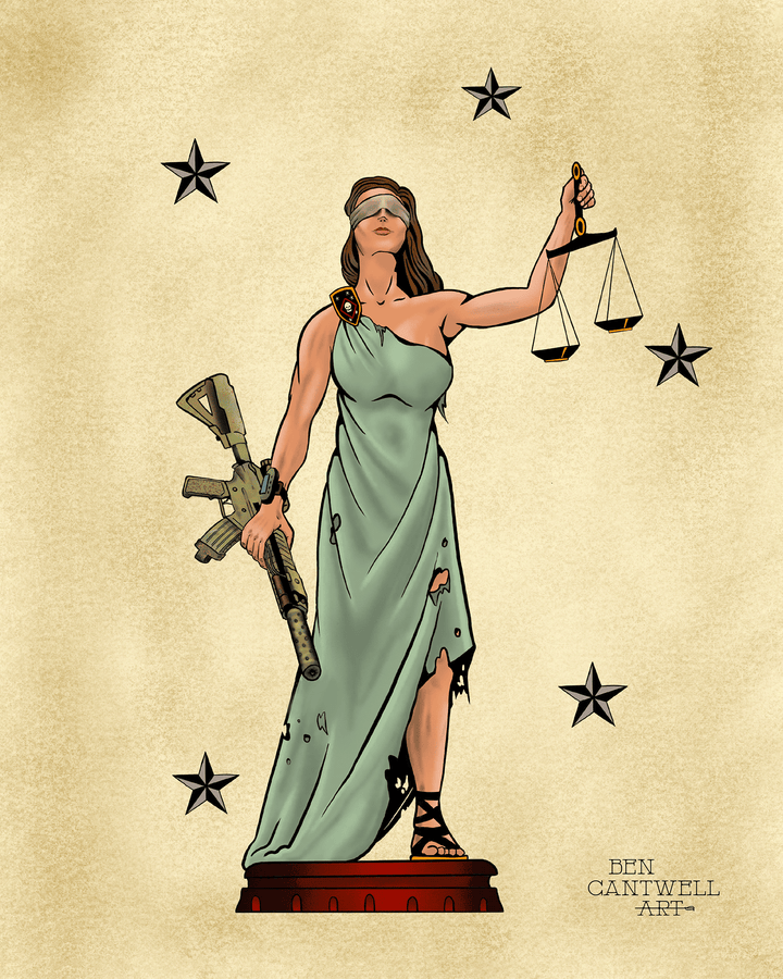 Ben Cantwell represents Lady Justice as a blindfolded woman armed with a semiautomatic rifle